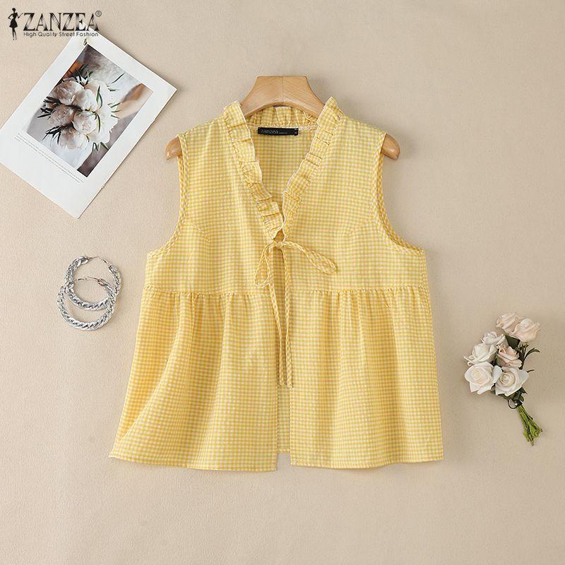 ZANZEA Women Plaid Print Casual V-Neck Sleeveless Blouse