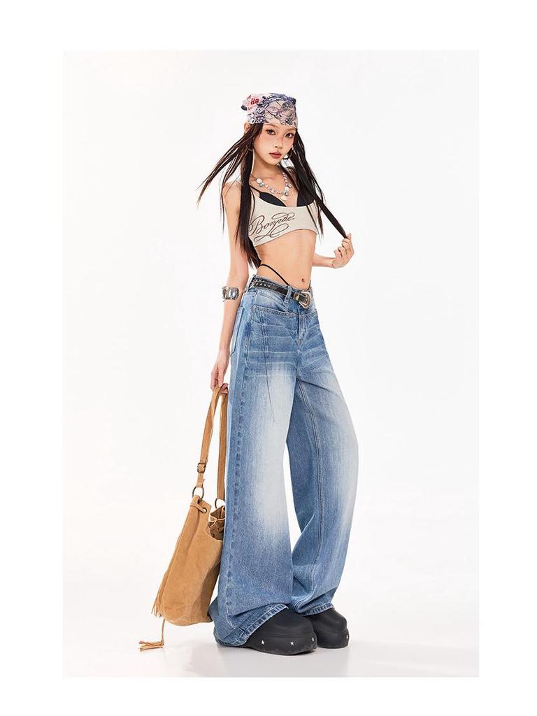 Women's Textured Distressed Denim Jeans: Loose Fit, Wide-Leg, Floor-Length, New Spring/Autumn 2026 Style.