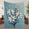 1pc Soft Turquoise Lily Floral Fleece Blanket - All-Season 100% Polyester Plush Bedspread with White Lilies & Green Foliage, Mac