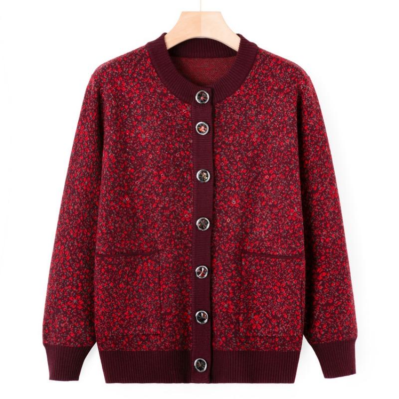 Middle-aged Knitted Sweater Jacket Autumn and Winter New Mother Floral Sweater Grandma Autumn Cardigan Top