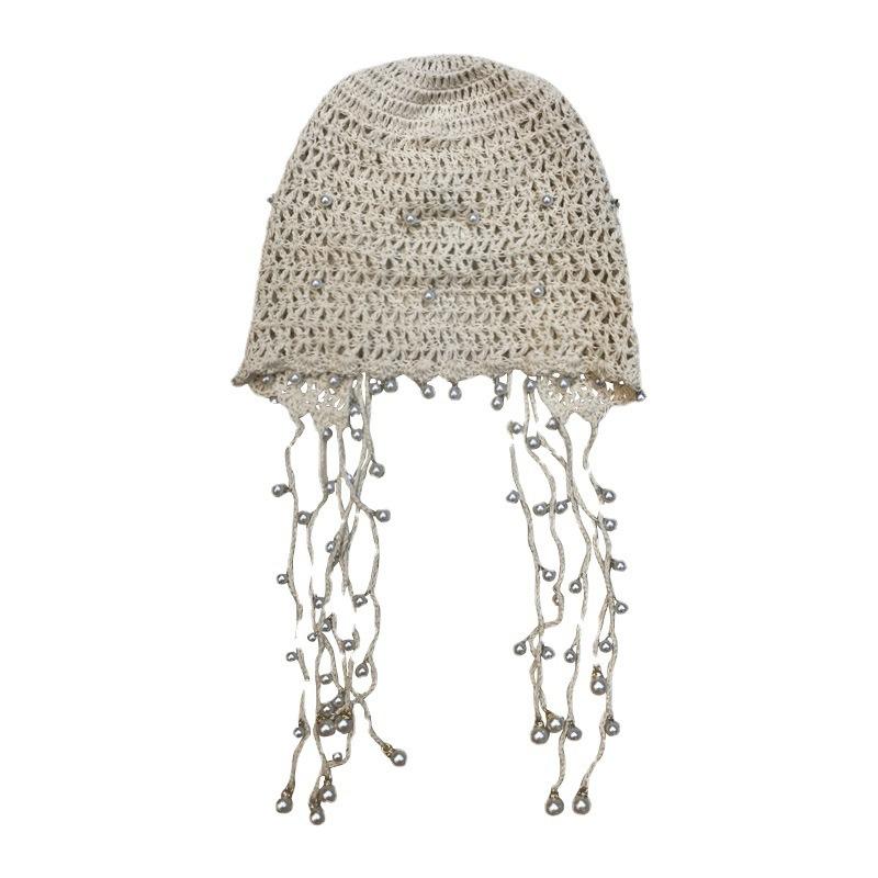 Exotic Hollow Pearl Tassel Bag Head Hat Women's Spring and Summer Handmade Crochet Princess Hat Original Retro Literature and Art
