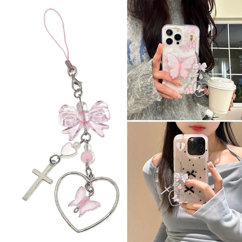 Handmade Bowknot Phone Chain Heart Pendant Keychain Rose Flower Charm Phone Lanyard Straps Acrylic Keyring Bag Ornament