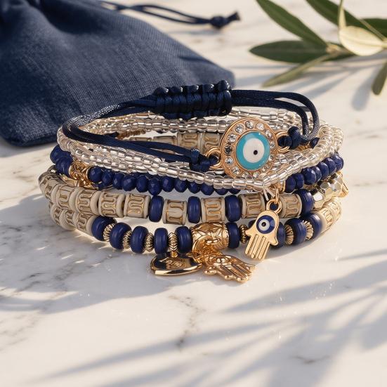 6Pcs/Set Women Bracelet Bohemia Style Elastic Rope Beads Bracelet with Palm Charm Adjustable Length Multi-layer Stackable Bracelets