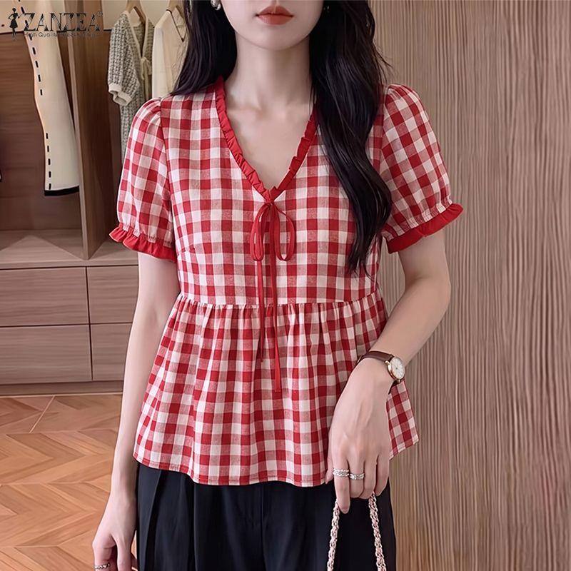 ZANZEA Women Summer Casual V-Neck Plaid Print Short Sleeve Blouse