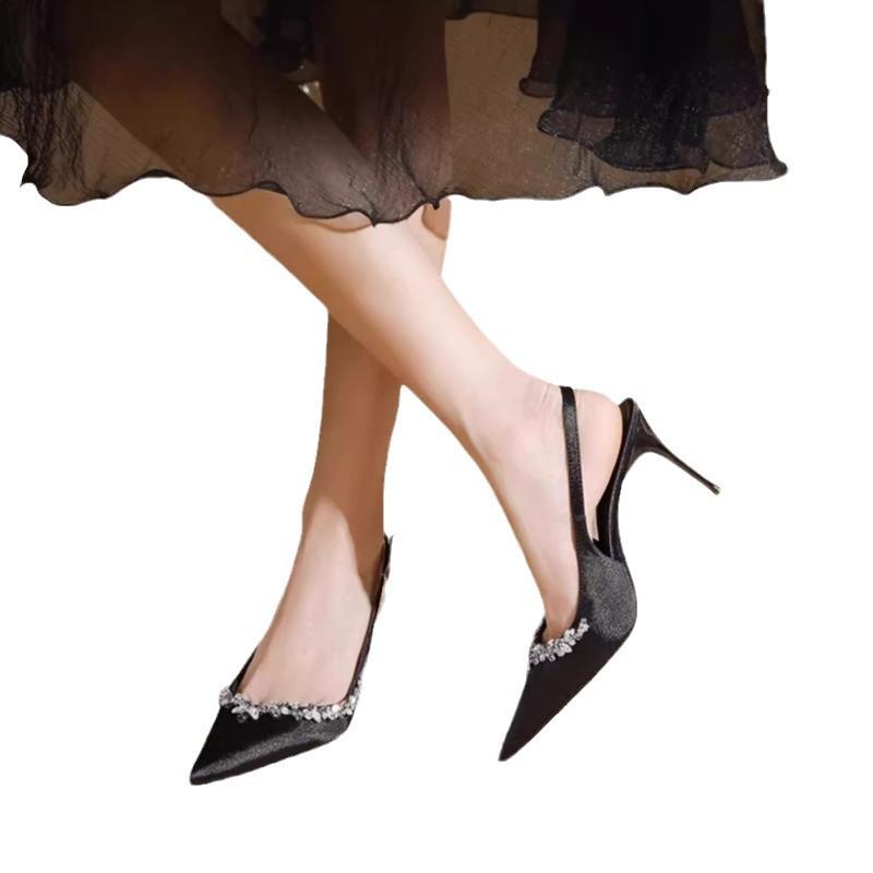 Baotou Sandals Women's Spring 2025 New Rhinestone High Heels Stiletto Non-slip Pointed French Temperament Women's Single Shoes