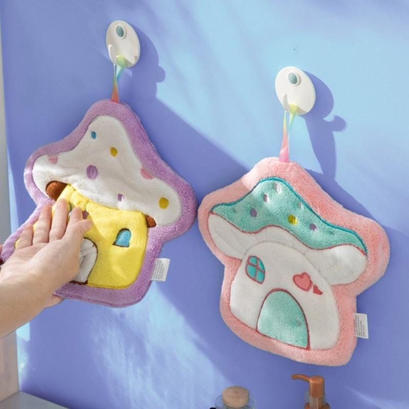 Soft Absorbent Coral Fleece Kitchen Towel Fun Mushroom Shape Handkerchief Wipe Rag Cloth Quickly Dry and Easy Hanging