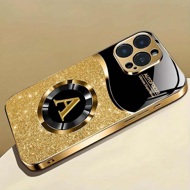 Shining Letter A Pattern Gold Metallic Paint Glass Phone Case For iPhone 11 12 13 14 15 16 17 Pro Max Plus 17 Air 16E Cover