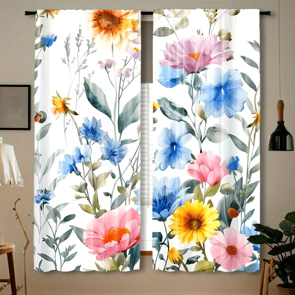 2pcs Semi-Transparent Yellow Sunflower Print Curtains Rod Pocket Design for Bedroom Office Kitchen & Living Room Window Decor