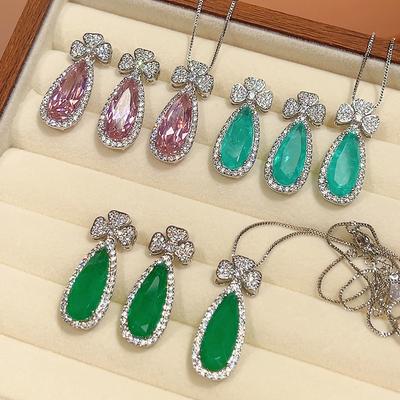 Accessories Set Earrings Necklace Pink Zirconium Paraiba Emerald Droplet Female Light Luxury