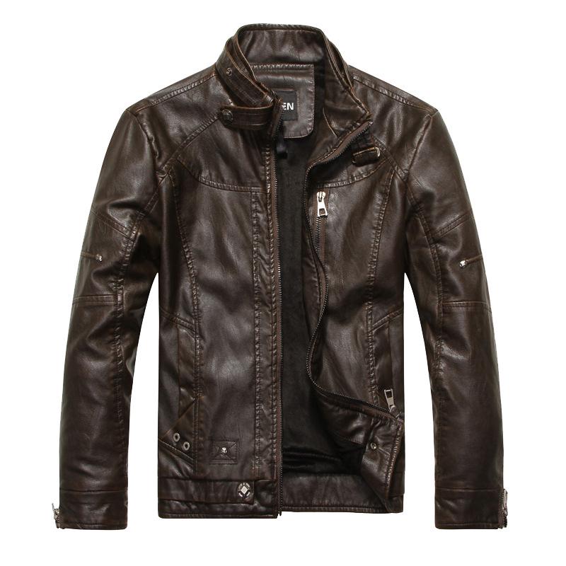 Men's Retro Winter Washed PU Leather Motorcycle Jacket with Stand Collar and Plus Velvet Lining