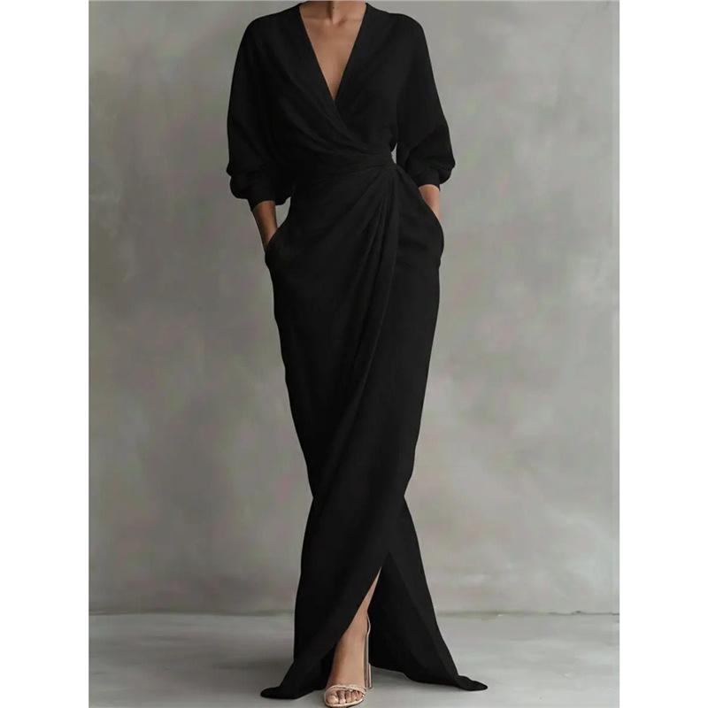 YYFS Mode femme été printemps couleur unie imprimé manches 3/4 col en v taille haute robes décontractées