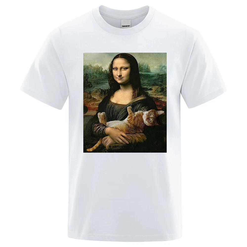 Funny Mona Lisa And Cat Printed T-Shirt For Men Summer Cotton T Shirt Loose Breathable Clothing O-Neck Fashion Short Tees 80276