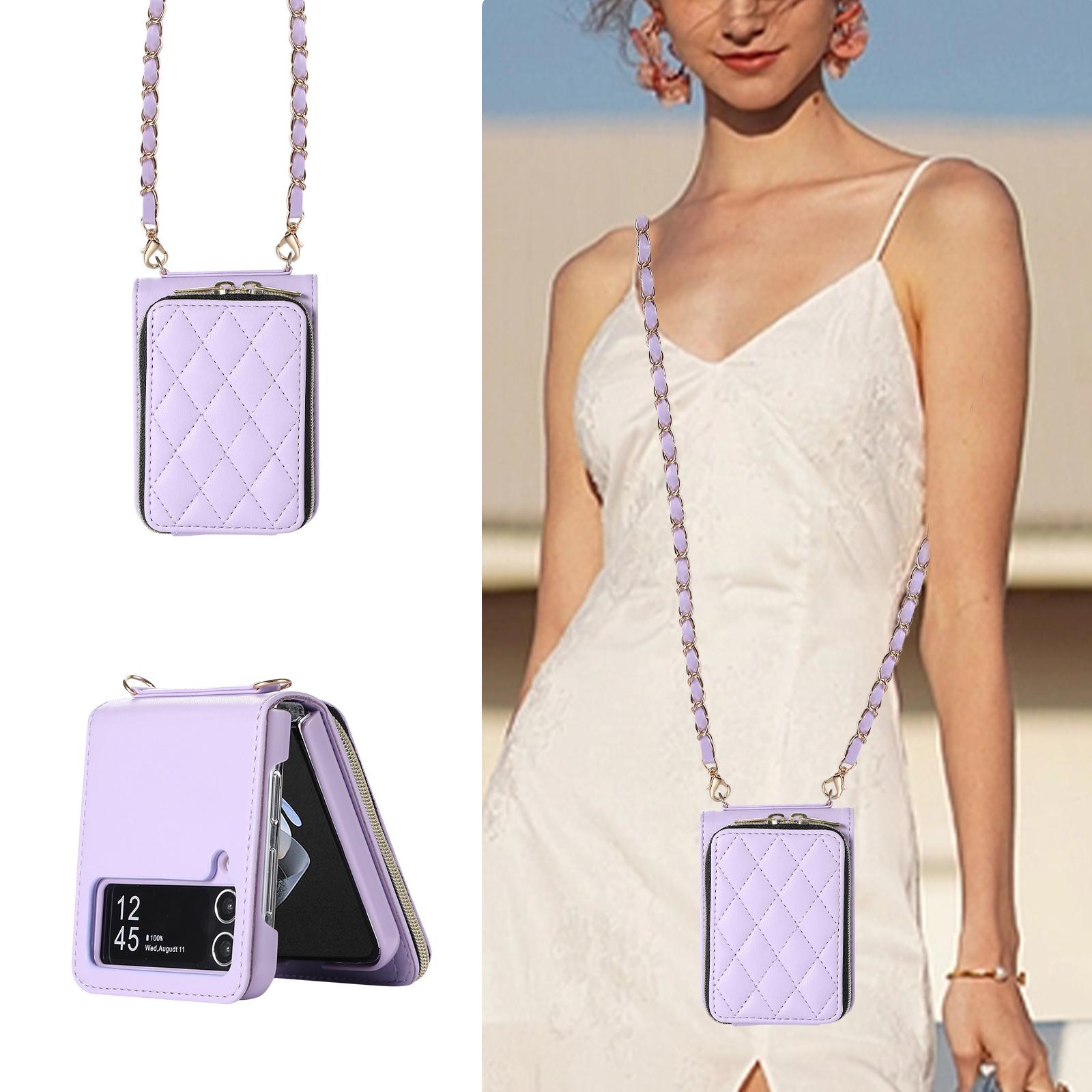 

Кожаный чехол-кошелек через плечо на молнии для карточек Solt для Samsung Galaxy Z Flip 5 4 3 Z Fold 5 Fold4 Fold3, чехол с металлической цепочкой и ремешком Samsung Z flip 3 фиолетовый