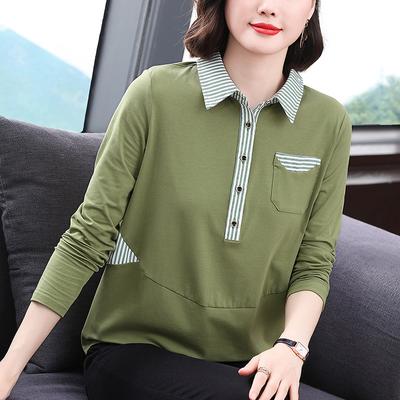 Camiseta de manga larga para mujer, holgada, talla grande, primavera de 2024, nuevo estilo, ropa para madres de mediana edad, camisa con solapa y cuello alto