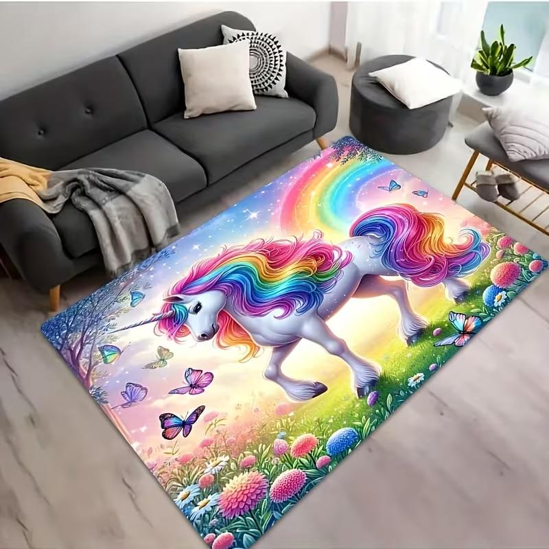 1pc Whimsy Woods Unicorn Area carpet, Cartoon Fantasy Horse Mat for Bedroom, Living Room Entryway - Machine Washable Decor Rugs