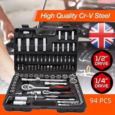 Juego Profesional de Llaves de Vaso de 94 Piezas con Carraca - Accionamiento de 1/2" y 1/4", Acero Cromo Vanadio Duradero, Versátil Kit de Reparación para Coche y Bicicleta