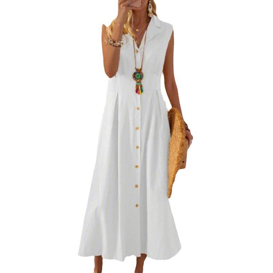Cotton Linen Dress New Style Suit Collar Solid Button Long Dress