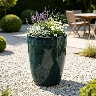 Maceta Grande de Cerámica para Plantas, diámetro 38,5 cm, Alto 49,5 cm, Esmalte Degradado Verde Musgo con Patrones de Goteo, Resistente a las Heladas, Agujeros de Drenaje para Interiores