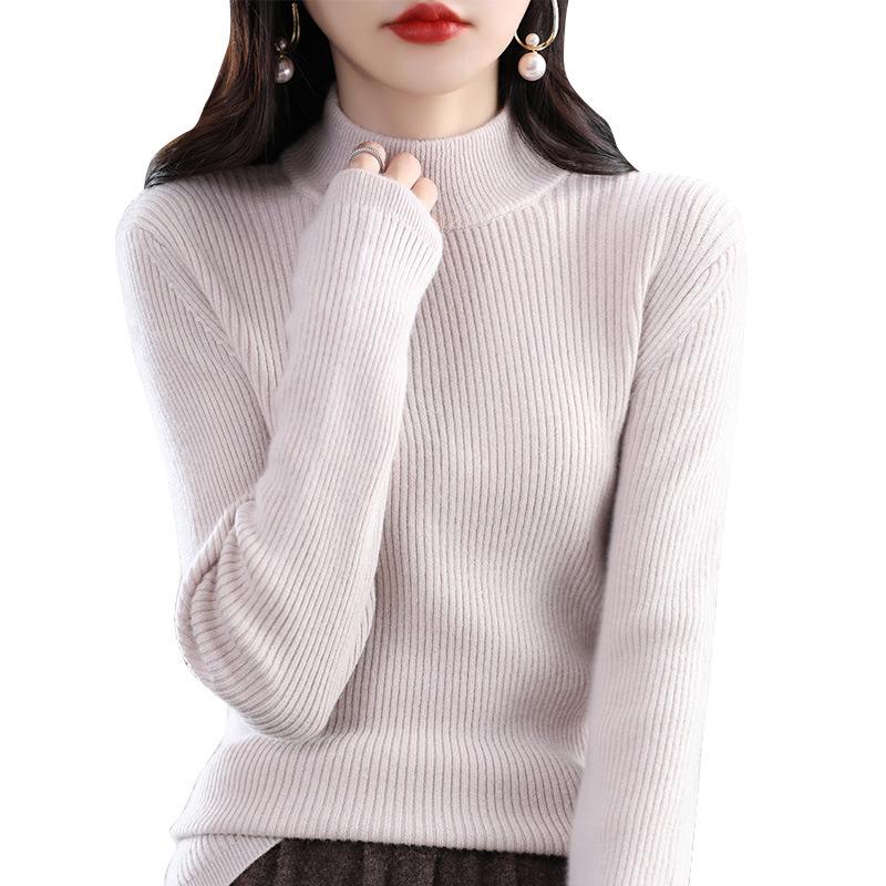 Women's Slim-Fit High-Neck Wool Base Layer Sweater - Slimming Long-Sleeved Knitwear for Autumn/Winter