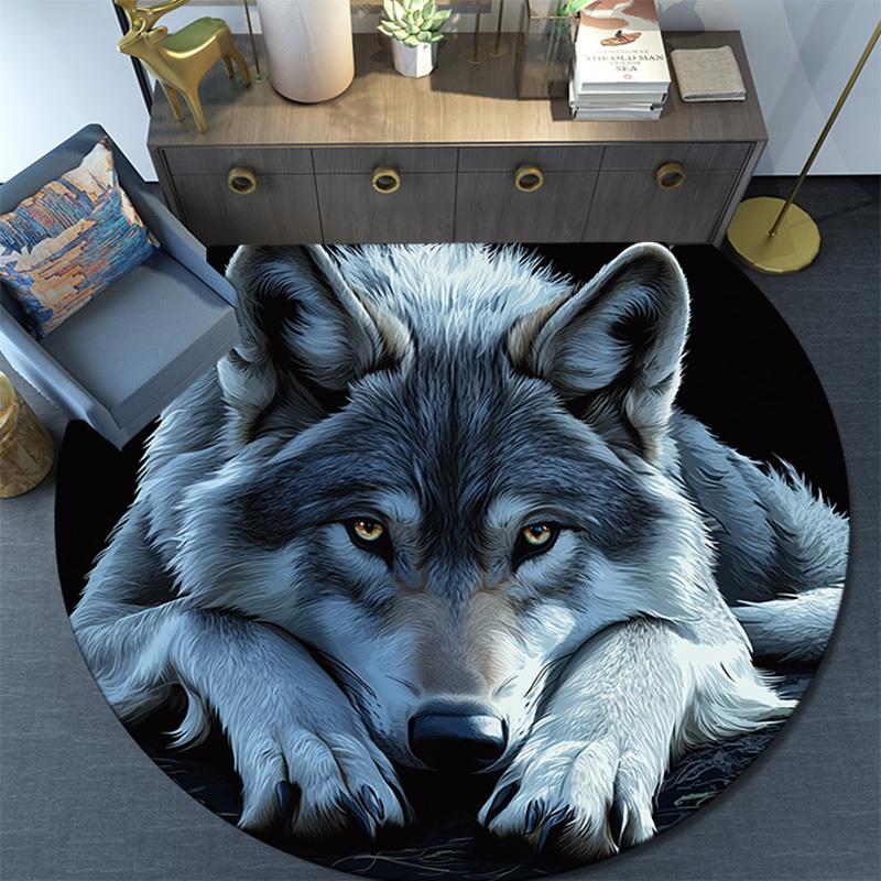 Gray Wolf Round Area Rug,Carpet Rug for Living Room Bedroom Sofa Playroom Decor,Non-slip Floor Mat