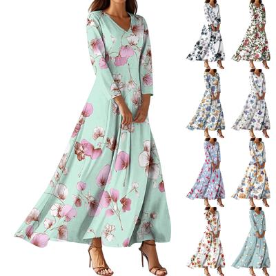Women's Fashion V-Neck Floating Beach Dresses Seven Sleeve Floral Printed Dresses