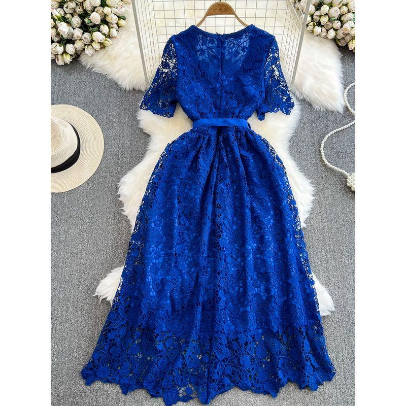 Single-Breasted Water Soluble Lace Dress Elegant Short Sleeve