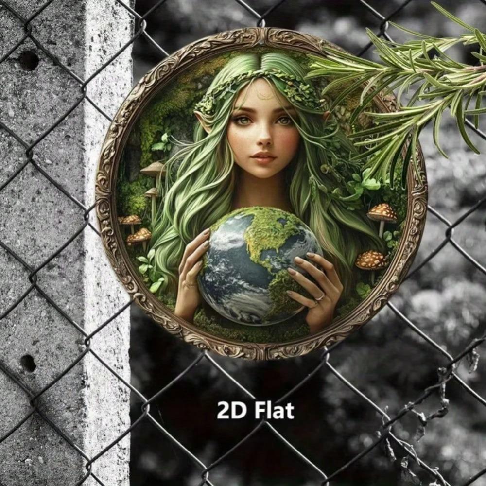 Vintage Earth Metal Wall Art Round Green Haired Woman Globe Home Decor Halloween Gift