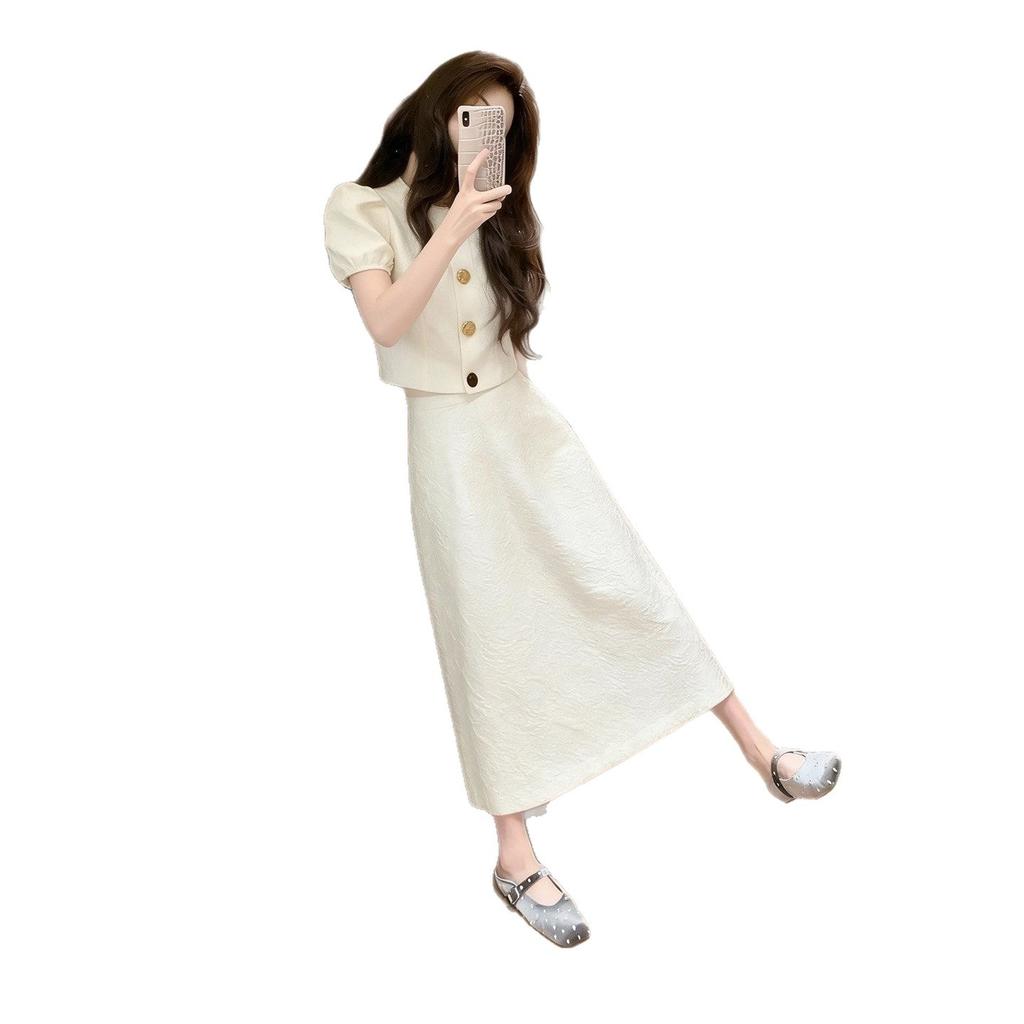 Rich daughter Xiaoxiangfeng suit summer knee dress women's white top high waist skirt two-piece skirt