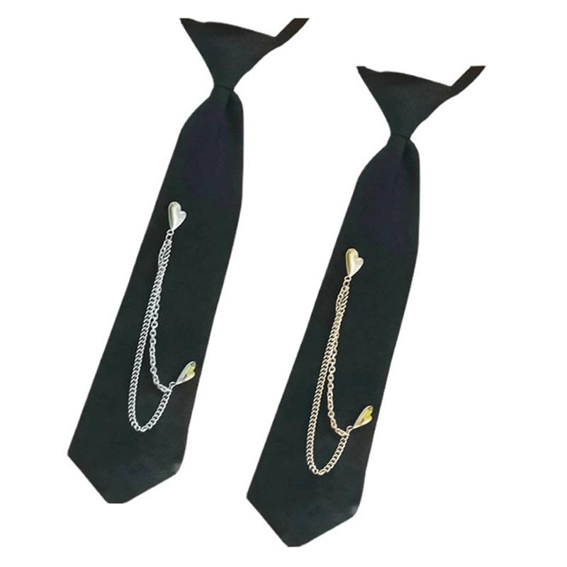 Japanese Punk Necktie Double Heart Chain Neck Tie Student Uniform Adjustable Pre Tied Neck Tie Shirt Collar Neckwear