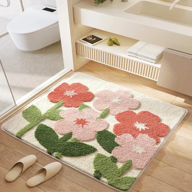 Square Floral Bath Mat, Ultra Plush Absorbent Bathroom Rug, Non-Slip Backing & Soft Touch Surface, Floor Mats for Bathroom Decor