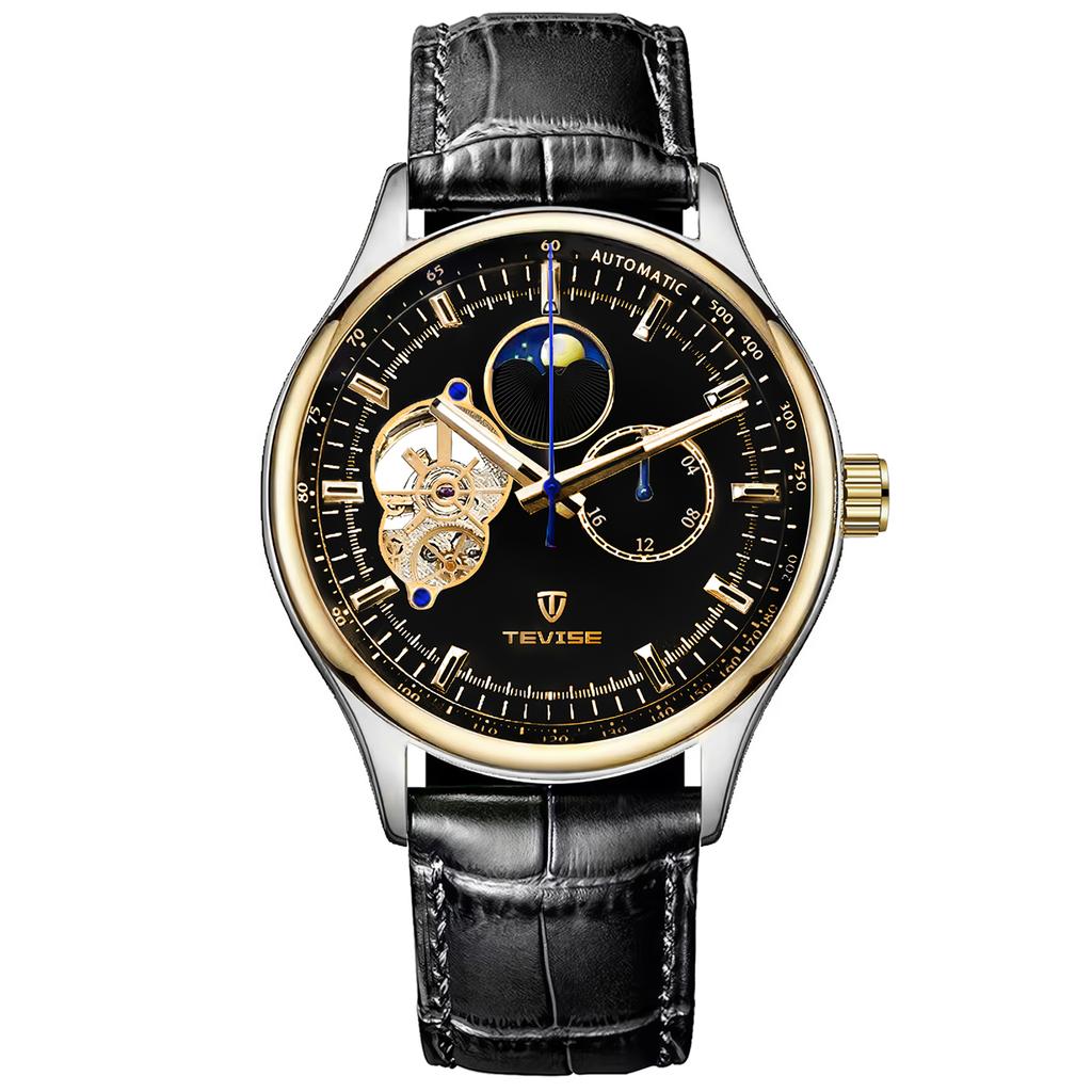 Men's Fully Automatic Mechanical Watch Tourbillon Hollow Dial 24-hour Moon Phase Window Business Waterproof Noctilucent Men's Fashion Mechanical Watch