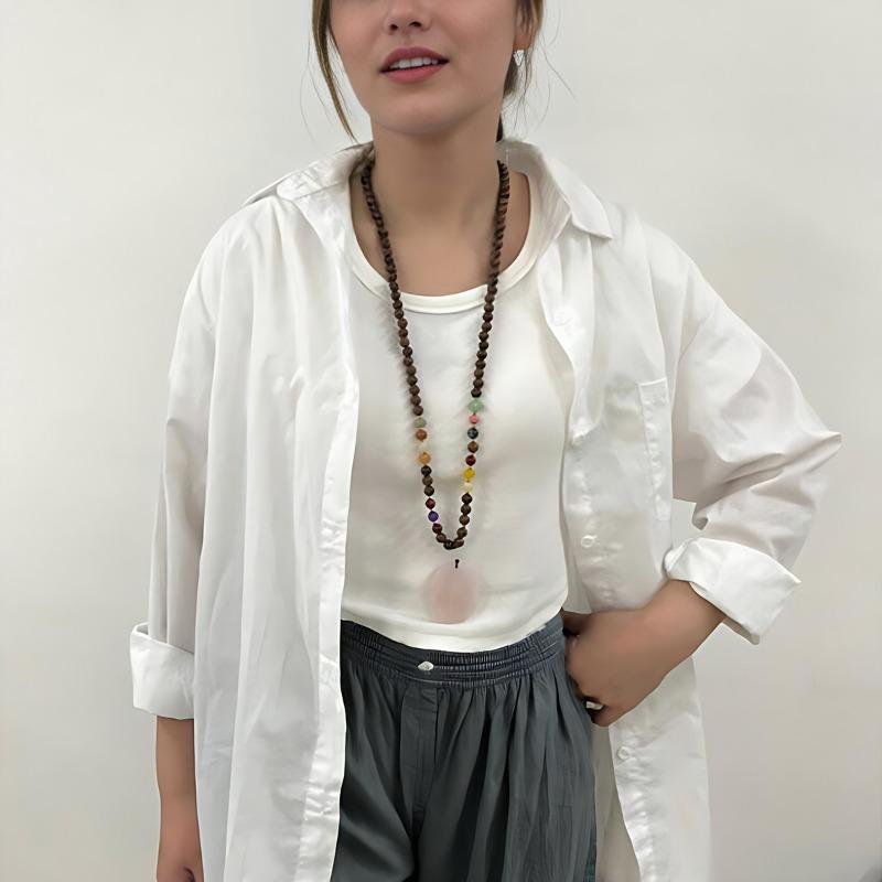 GemChic Women's New Vintage Wooden Beads Pink Natural Stone Pendant Long Necklace Ethnic Fashion Birthday Christmas Jewelry Gift