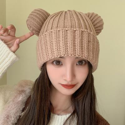 Cute Little Bear Ear Woolen Hat Thickened Warm  Ear Protecting and Cold Proof Knitted Hat New Fashionable Hats for Autumn and Winter