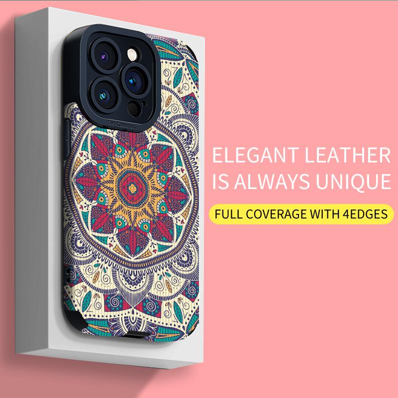 Vertical Grain Leather Shell Mandala Printed Patterned Shockproof Soft Silicone Case with Camera Lens Full Protection for iPhone