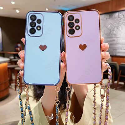Case For Samsung S22 S23 Ultra S21 Plus S20 FE A53 A52 A54 A13 A34 A23 A33 Crossbody Lanyard Strap Plating Heart Cover For Iphone 14 13 12 11 Pro Max