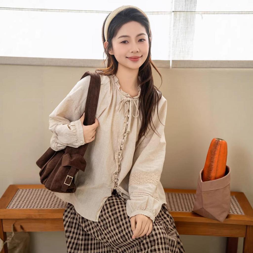 Forest Girl Lace Collar Puff Sleeve Cotton-Linen Cardigan