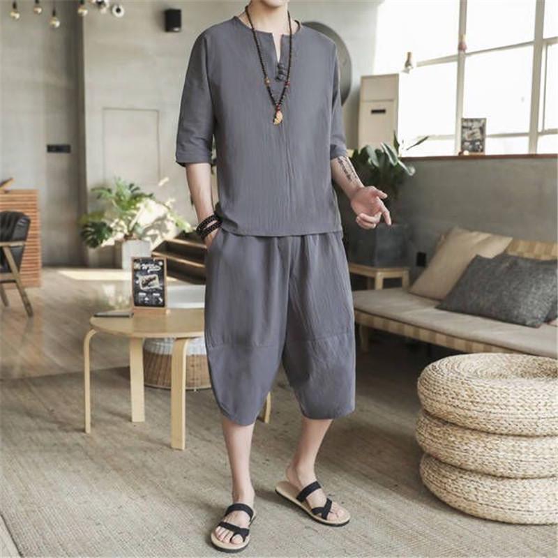 Men's Summer Cotton and Linen Sets Fashion Two Piece Sets Men Loose Capris Casual Tang Suit Large Size