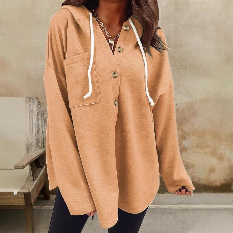 2025 Autumn and Winter New Fashion Women's Casual V-neck Hooded Long-sleeved Pullover Loose Solid Color Women's Sweatshirt