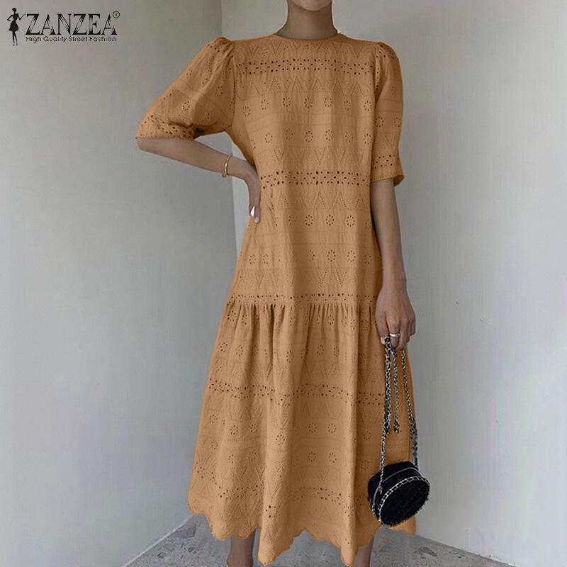 ZANZEA Women Casual Round Neck Loose Half Sleeve Lace Dress