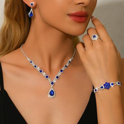 Fashion Claw Chain Jewelry Colored Rhinestones Crystal Necklace Earrings Bracelet Ring Four-Piece Set Women