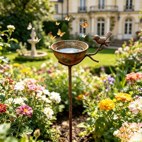Metal Bird Bath for Outside, Rusty Rain Catcher Garden Stake, Vintage Free Standing Bird Feeder And Bath Bowl for Lawn, Yard, Patio Decor