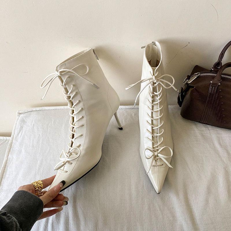 

Мода Мода На шнуровке Женские Ботильоны Современные Ботинки Тонкий каблук Обувь Заостренный носок Элегантные Женские Короткие Ботинки Женские Туфли-лодочки обувь леди 40 белый