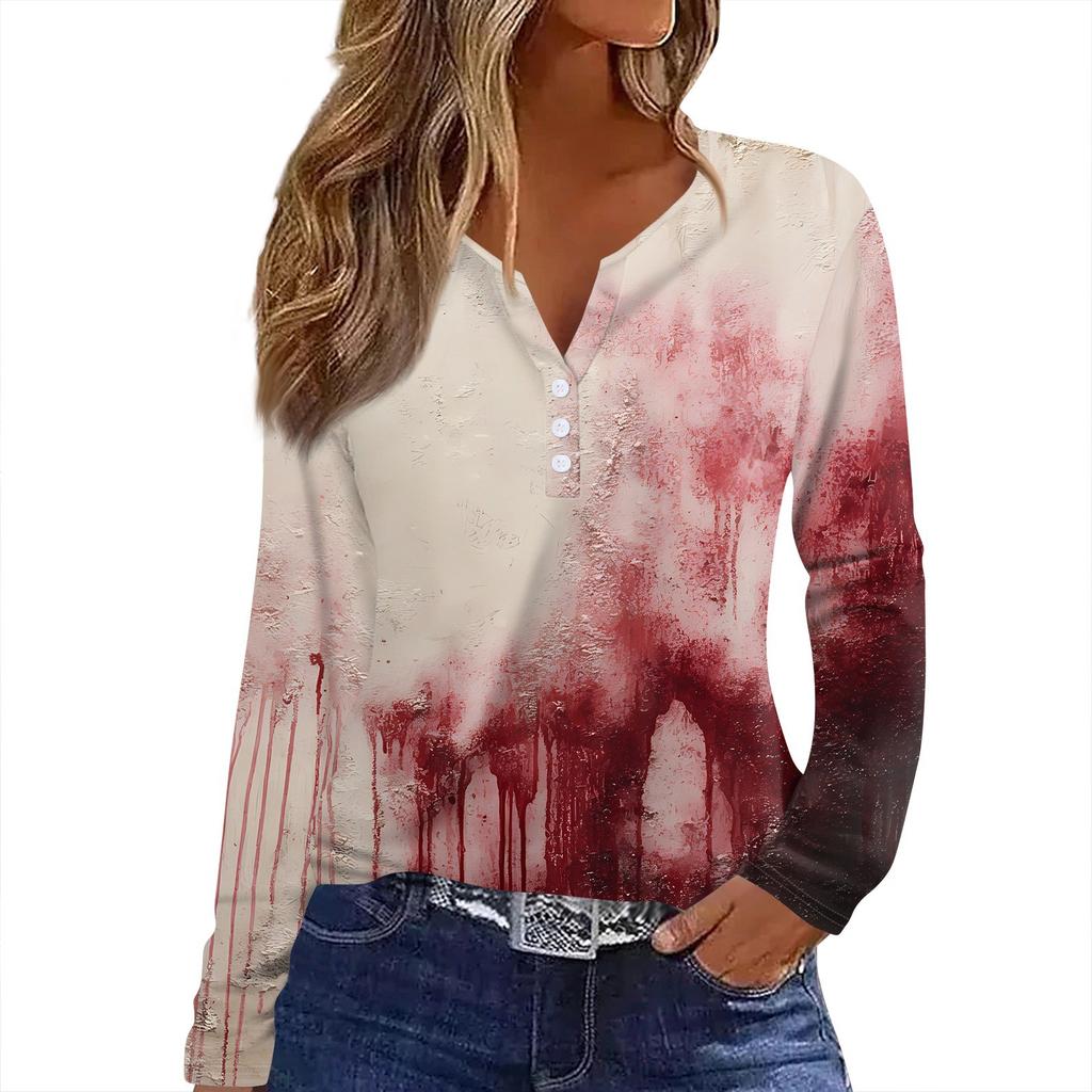 Dámské tričko s potiskem Halloweenu, knoflíky, dlouhý rukáv, denní, víkendová móda, základní, výstřih do V, běžný top