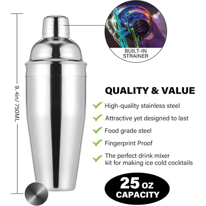 Ensemble de cocktails - Inox - 12 pièces - Support en bois - 750 ML - Durable et polyvalent
