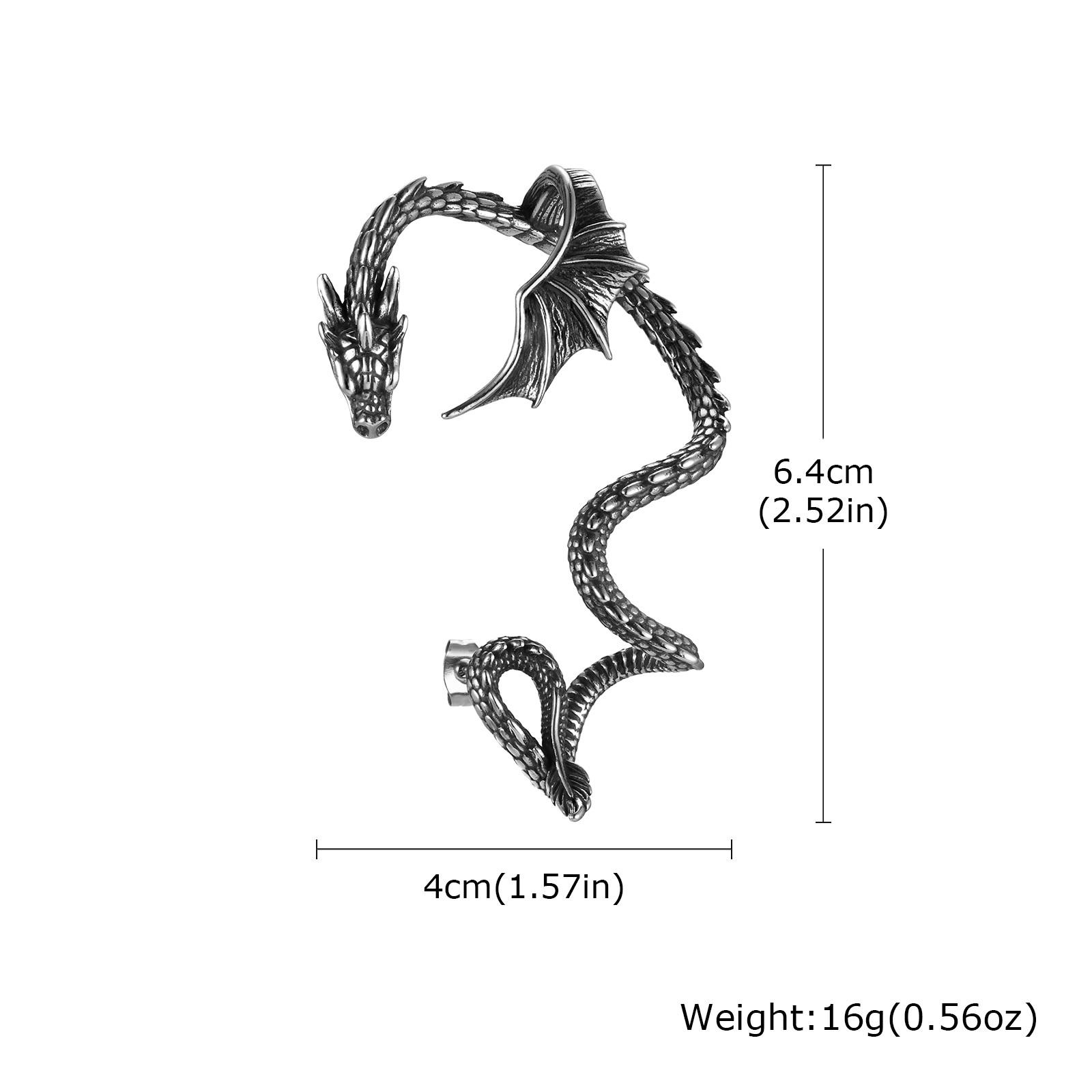 Vnox Панк Мужские Серьги-клипсы Крыло Обвивающее, Винтажные Серьги-клипсы Перо из Нержавеющей Стали, Готический Животный Змея Дракон Валькирия Ушной Манжет