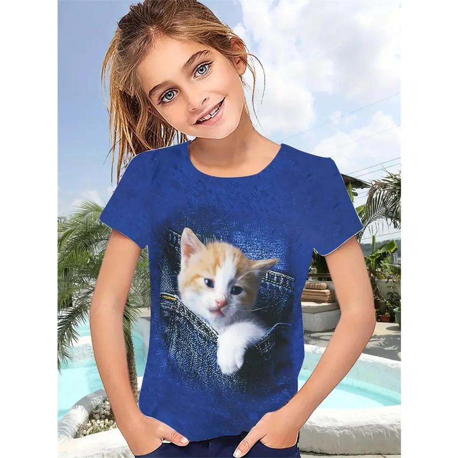 Nová Dívčí trička Funny Animal Cat 3D tisk Dívčí trička Párty móda Topy s krátkým rukávem Tričko 2025 Trička pro volný čas Dívčí oblečení