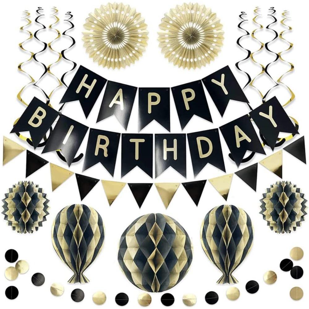 36 Pieces Reusable Birthday Decoration Set - Happy Birthday Banner, Bunting, Beehive Decoration, Ribbons (Confetti Rainbow Party Decoration)