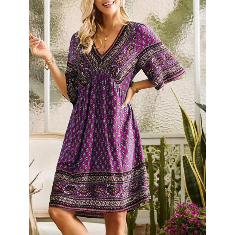 BITCED Moda damska Lato Wiosna Kwiatowy nadruk Krótki rękaw Dekolt w serek Sukienki codzienne