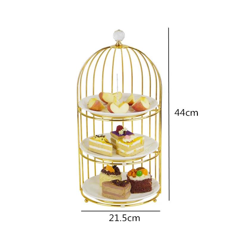Birdcage Double Layer Cake Stand Wrought Iron Display Stand Ceramics Three-tier Fruit Tray Afternoon Tea Dessert Decorative Rack