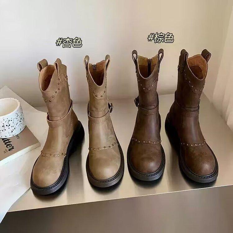 Retro belt buckle flat-bottomed willow nails western boots knight boots short boots women's 2025 summer new British Martin boots women